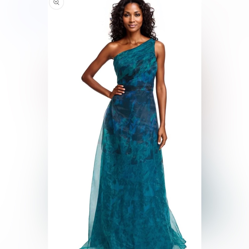One Shoulder Teal A Line Gown